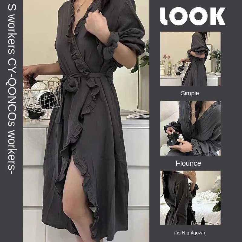 Bathrobe Women Shower Long-Sleeved Robe Autumn and Winter Simple Solid Ruffle Korean Version of the Student Pajamas Bath Rob C251202