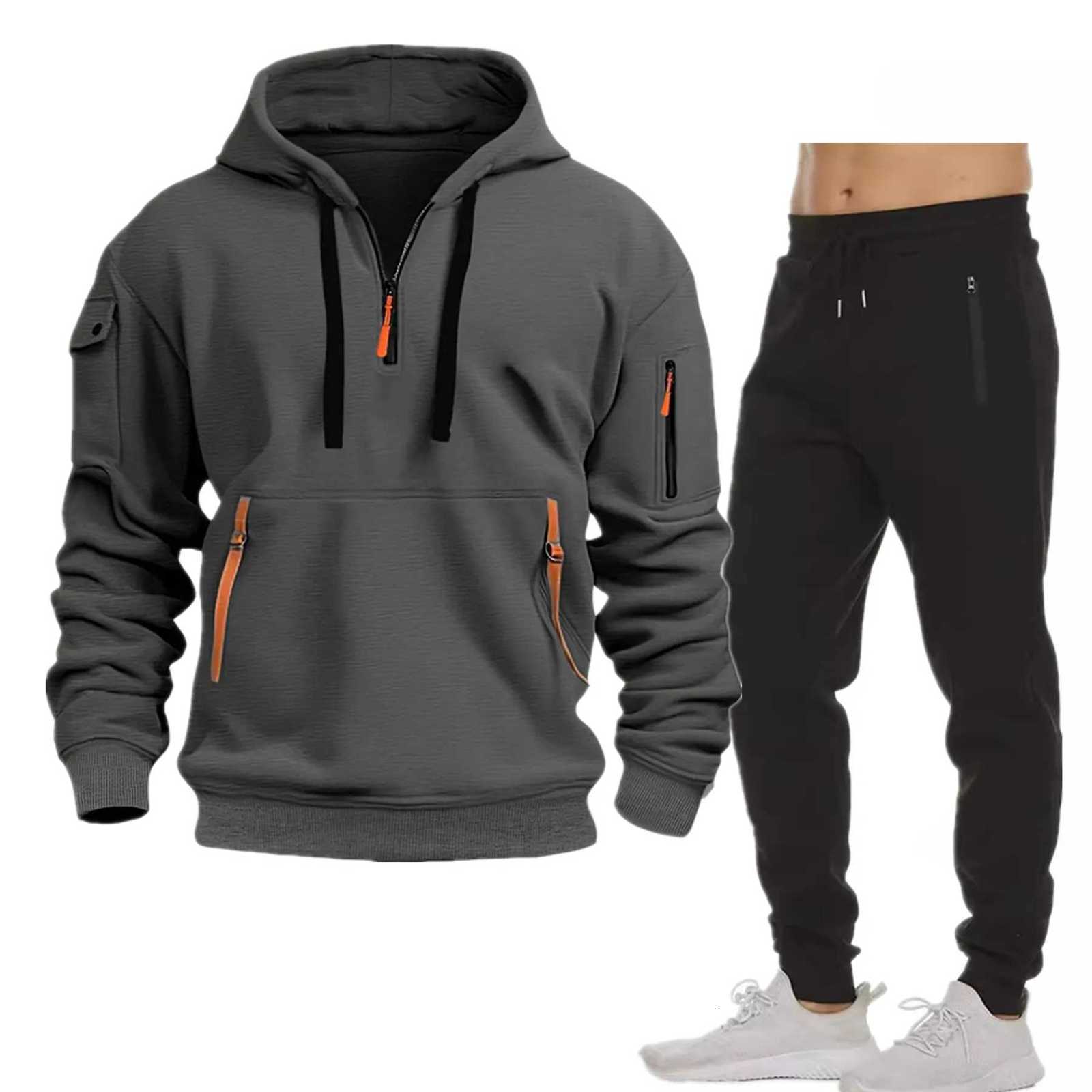 New Multi-pocket Men Autumn Winter Set Half zip Hoodie Pants Pieces Suit Casual Mens Sportswear Warm Clothing Suit W251202