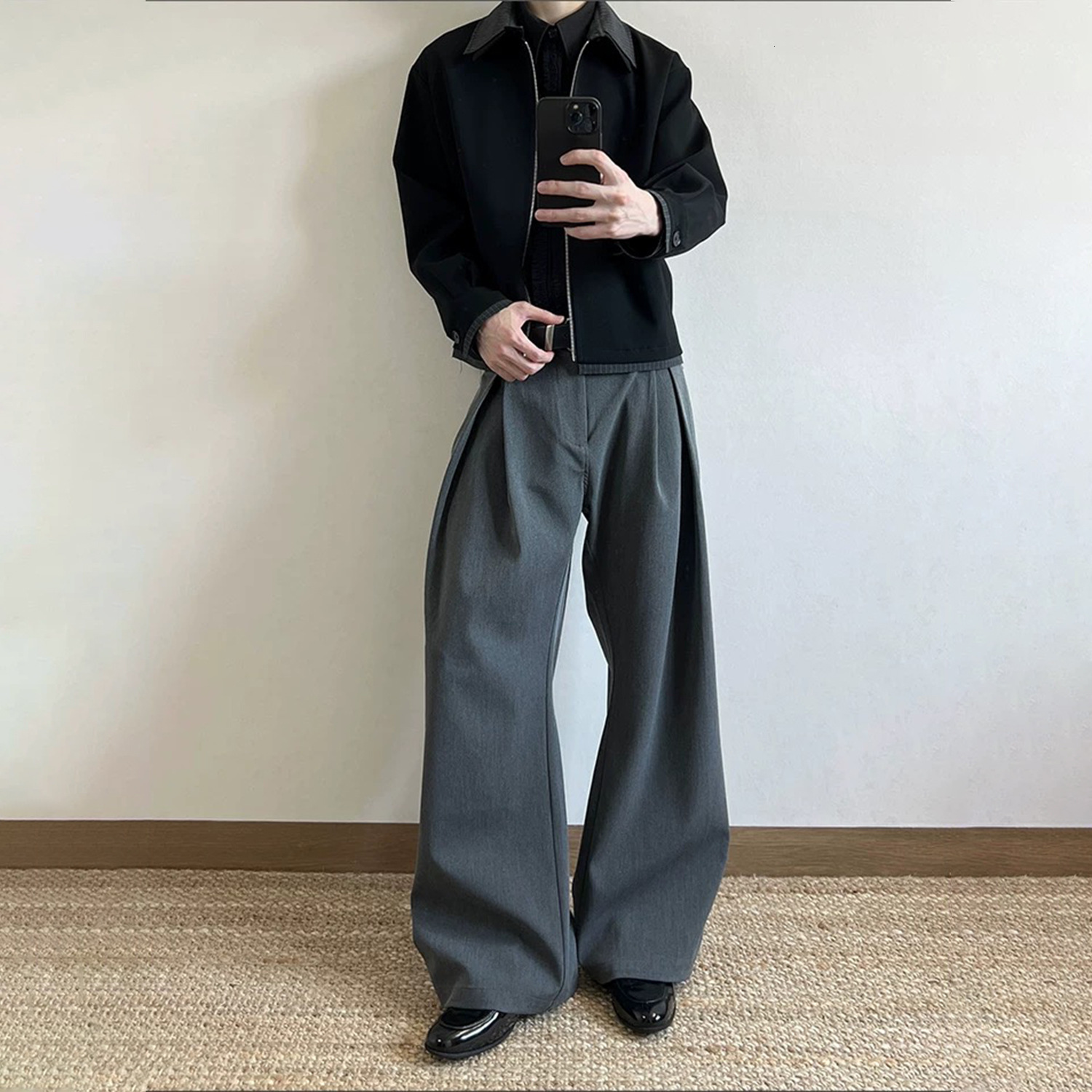 JMWH Three-Dimensional Racer Pleat A-Line Silhouette Scimitar Trousers TR Blended Commuting Cleanfit Drape Casual Long Pants 250929