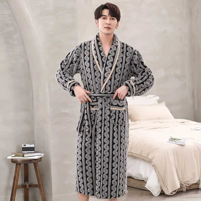 Men Sleepwear Robe Winter Flannel Thicken Terry Robe Male Long Sleeve Kimono Warm Bathrobe Home Wear Peignoir Men Robe C251202