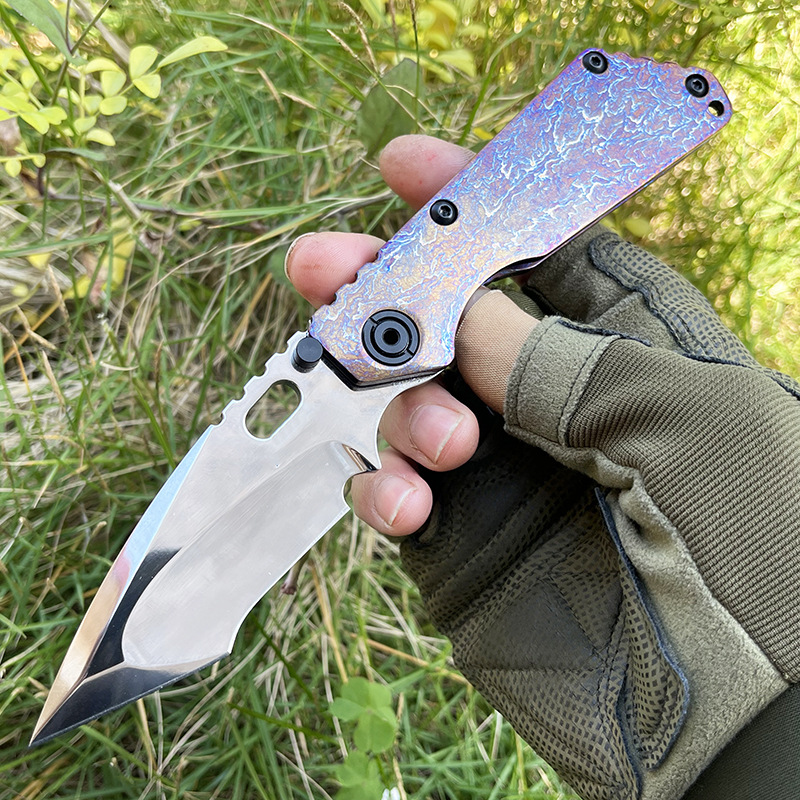 High End Survival Folding Knife D2 Satin Blade Anodic Oxidation Treament Titanium Alloy Handle Outdoor EDC Pocket Knives