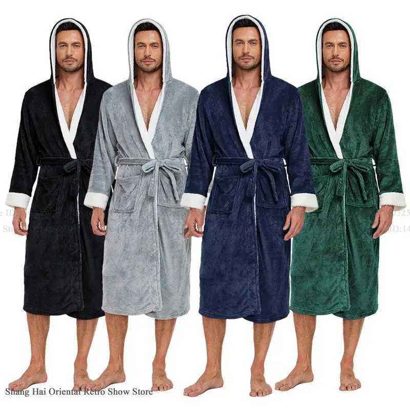 Winter Thicken Hooded Mens Long Robe Sleepwear Warm Flannel Nightwear Kimono Gown Bathrobe Casual Coral Fleece Homewear Pajama C251202