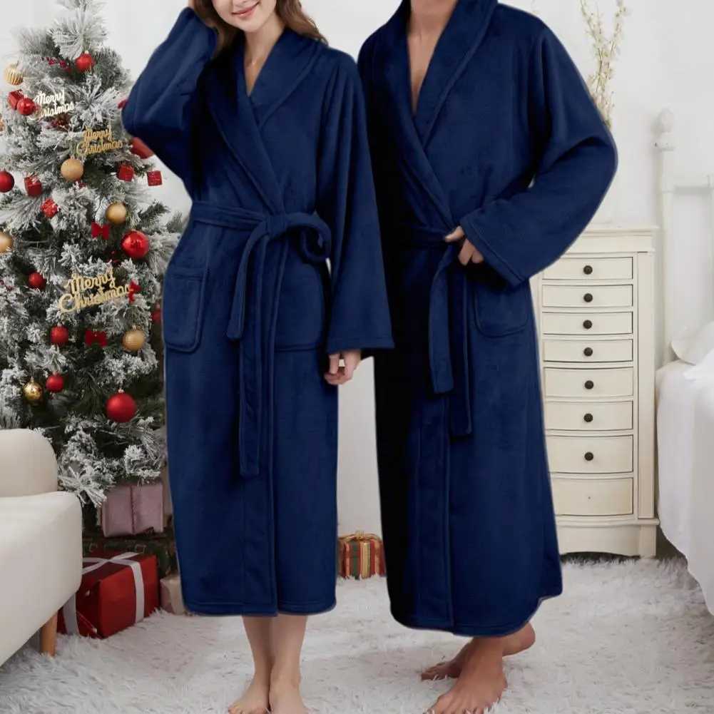 Flannel Bathrobe Waist Tie Nightgown Lapel Long Sleeve Flannel Long Bathrobe Couple Loungewear Bath Robe Nightwear C251202