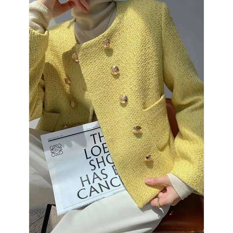 Double-Buttoned Short Quilted Jacket Sweet French Style Crew Neck Versatile Spring Autumn Top For Ladies Elegant Mini Coat