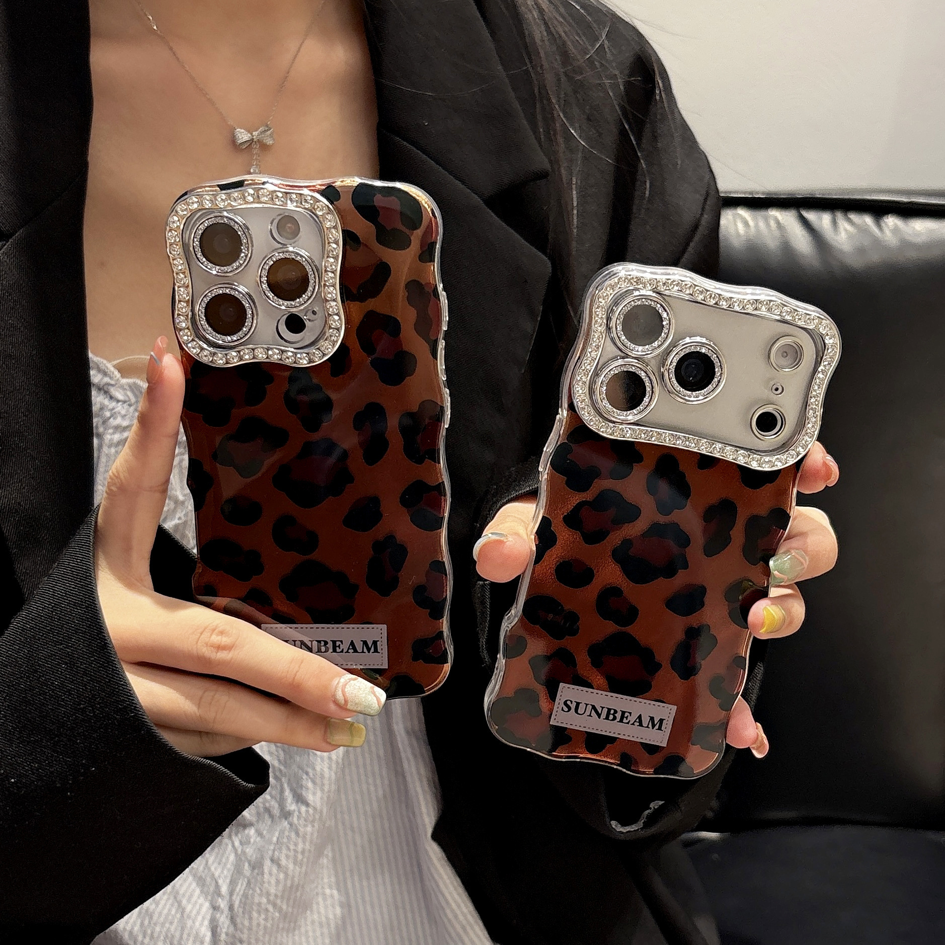 Twisted Edge Brown Leopard Print Phone Case iPhone 17 Pro Max Compatible with Apple 16/15 Pro Diamond Lens Hard Case