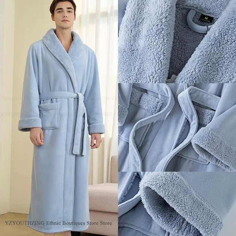 Double Layered Thick Coral Fleece Mens Long Robe Home Clothing Flannel Kimono Gown Bathrobe Couple Sleepwear Casual Lounge Wear C251202