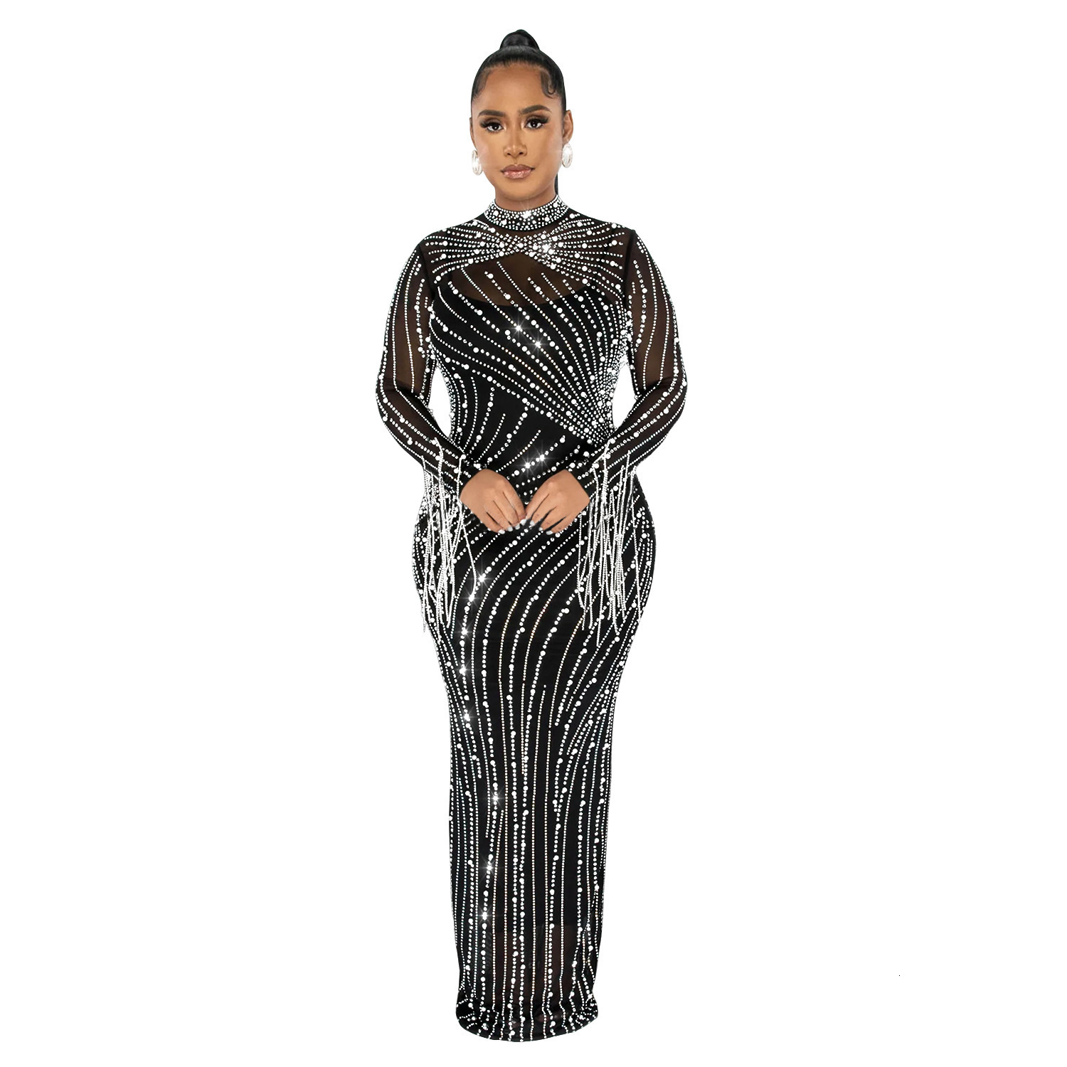 Womens Mesh Diamonds Long Sleeve Prom Dresses Party Formal Bodycon Evening Gown Vestidos Clothing Traf Y2k Zevity 240920