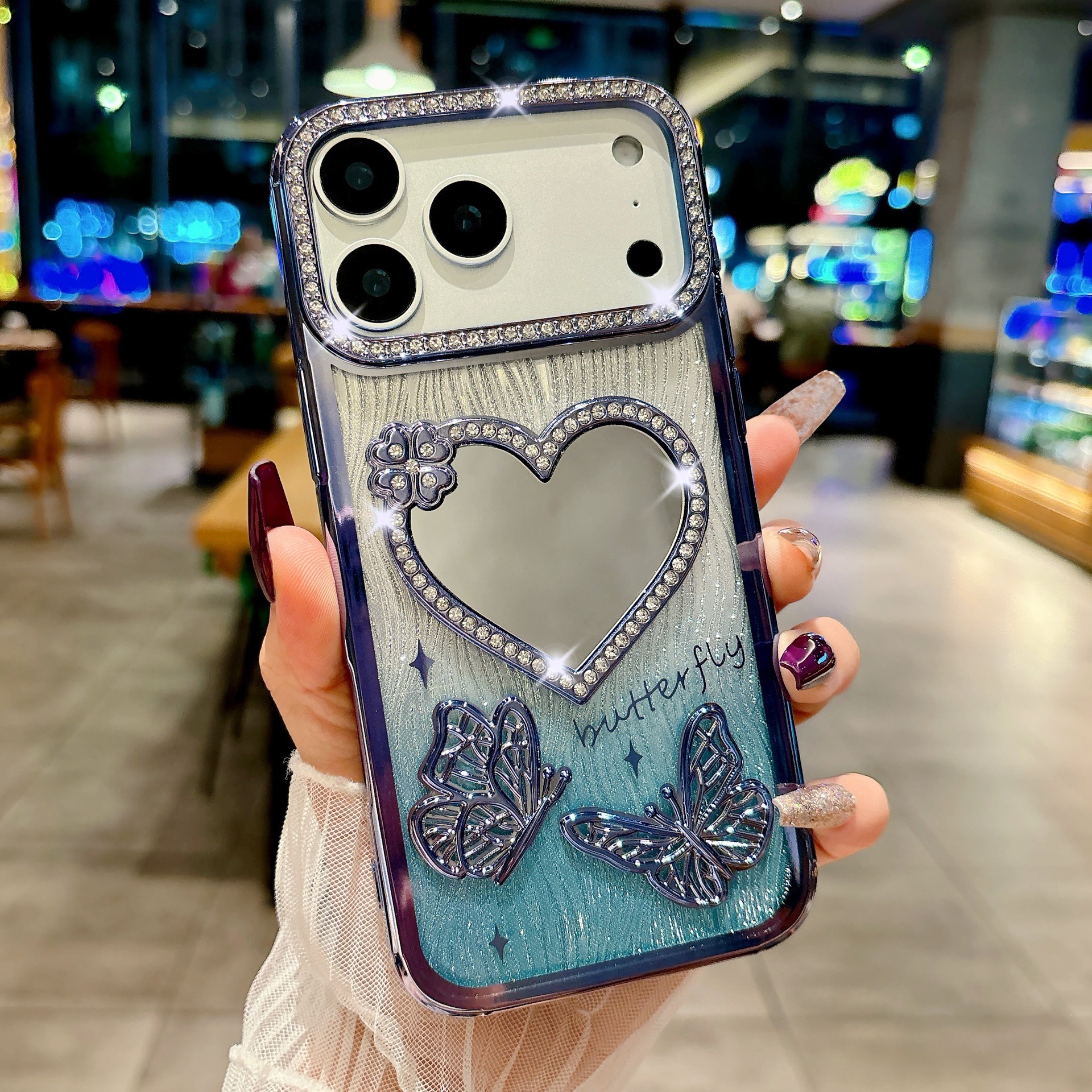 Electroplated Heart Mirror Butterfly Phone Case iPhone 17 Pro Max Compatible with Apple 16/15 Gradient Water Ripple Paper Case