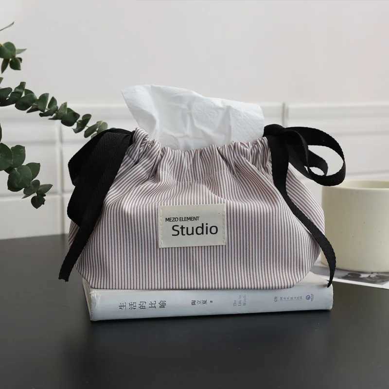 Striped Drawstring Tissue Box Cosmetic Organizer Pouch Car Storage Bag Portable Napkin Holder He Decor Essential Tissue Case H251201