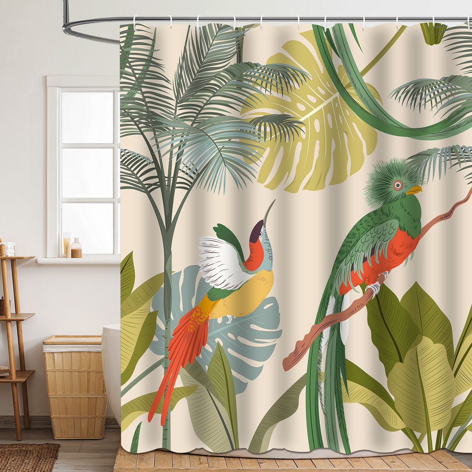 YL-37867 High-definition digital printed floral and bird shower curtain, waterproof, moisture-proof, no-drill bathroom partition curtain