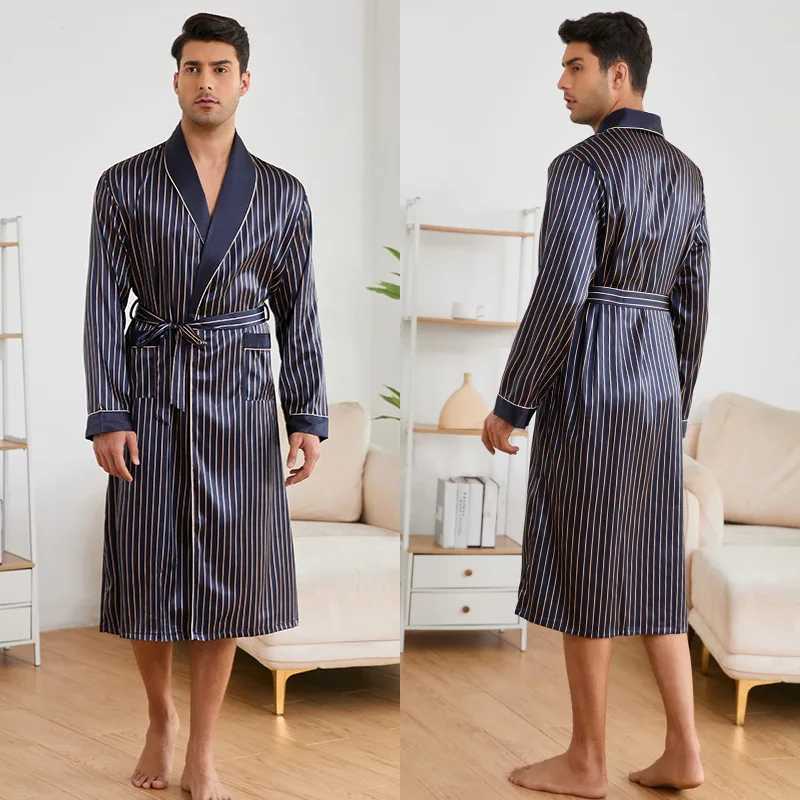 New Men Robe Navy Blue Stripes Kimono Bathrobe Gown Spring Summer Long Sleeve Sleepwear Lounge Wear Loose Casual Satin Homewear C251202