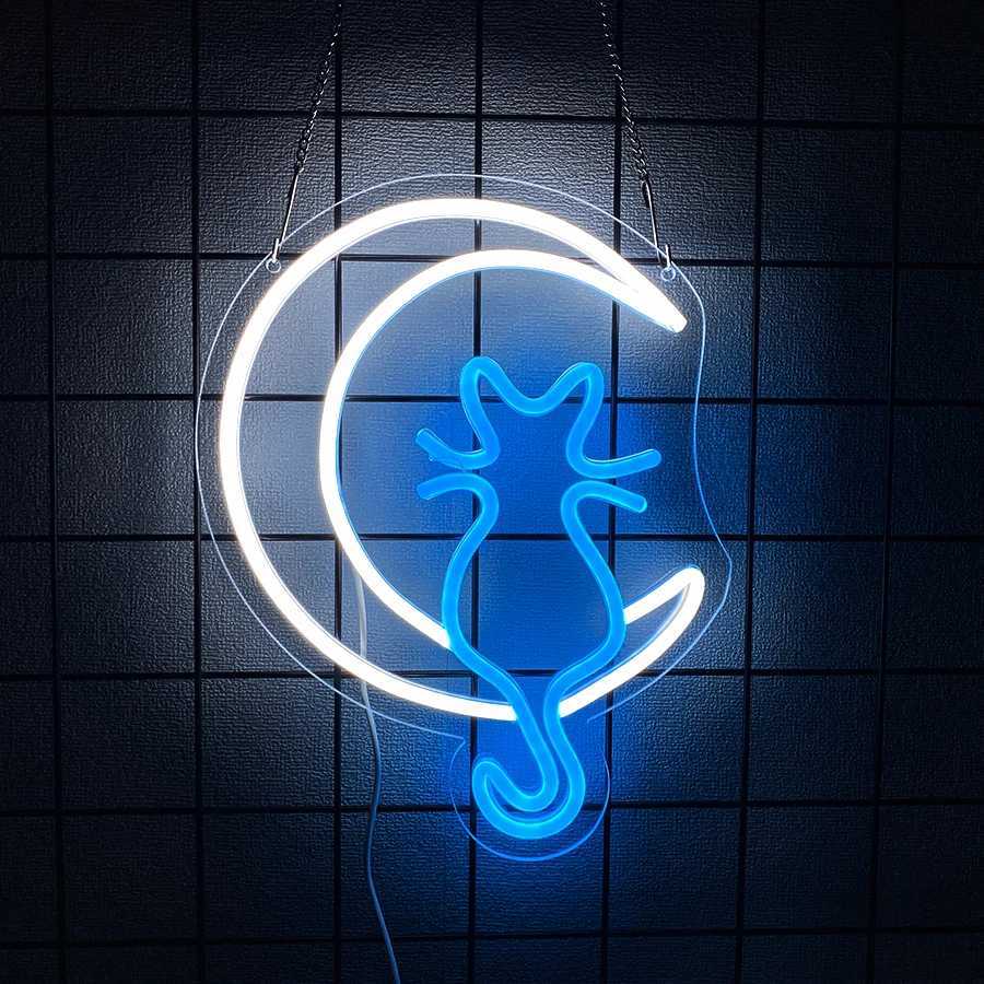 Cartoon Series Neon Signs Moon And Cat Led Aesthetic Icons Usb Powered Used For Room Home Game Room Pet Shop Decor H251201