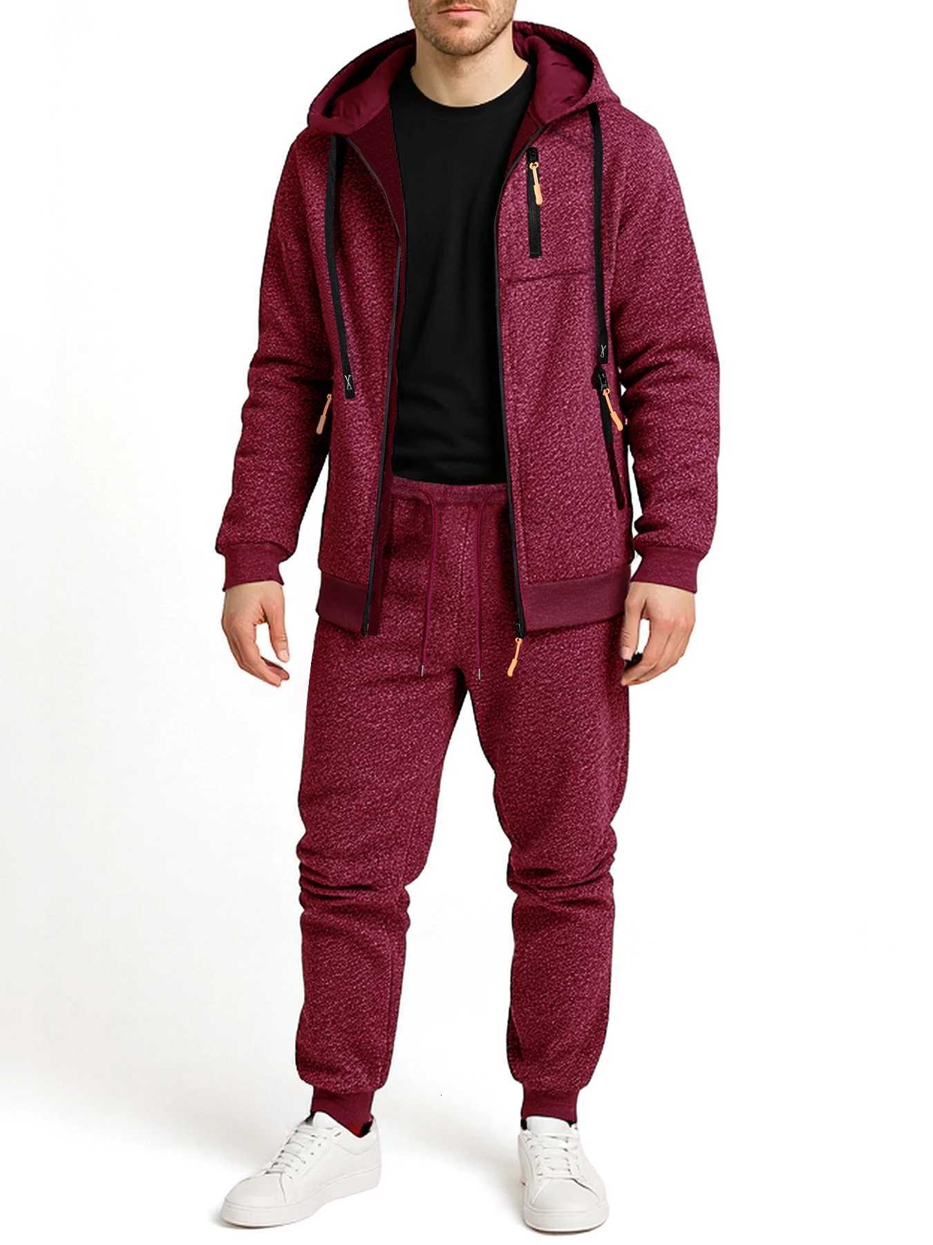 New Autumn Two-piece Mens Sportswear Solid Color Daily Hooded Sweatshirt Sweatpants Jogging Suit Zipper Jacket and Pants Set W251202