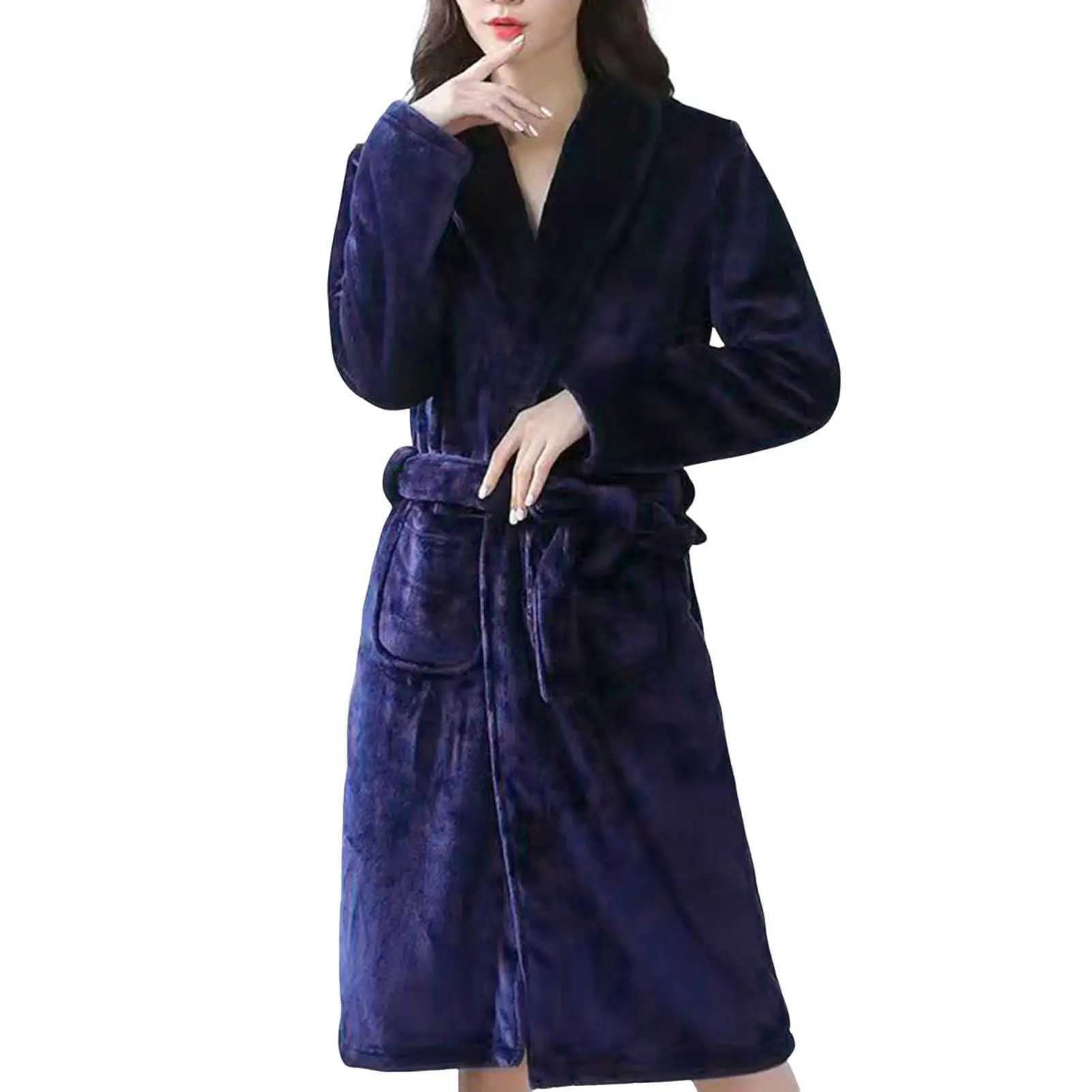 Unisex Bathrobe Luxurious Mens Winter Nightgown with Plush Coral Fleece Long Sleeve Robe with Tie Waist Pockets Cozy Homewear C251202