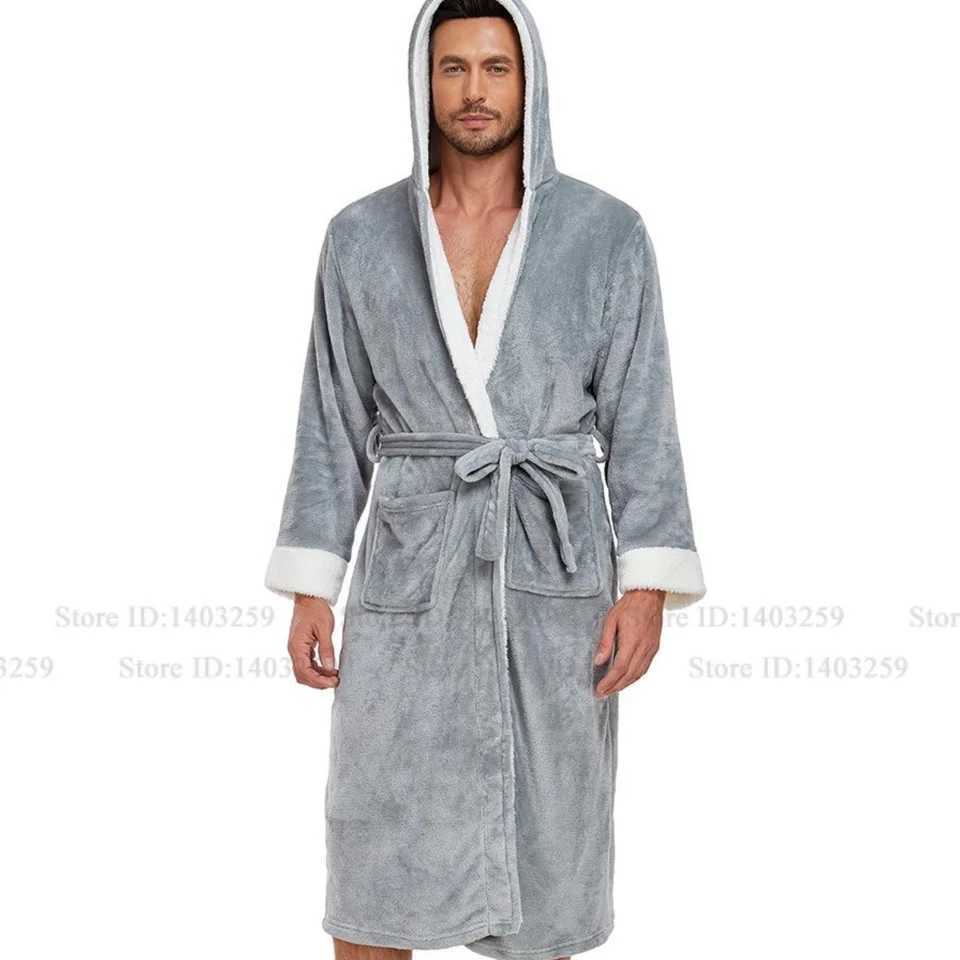 Thicken Flannel Hooded Men Bathrobe Kimono Gown Autumn Winter Robe Home Clothing Sleepwear Loose Coral Fleece Nightwear Pajama C251202