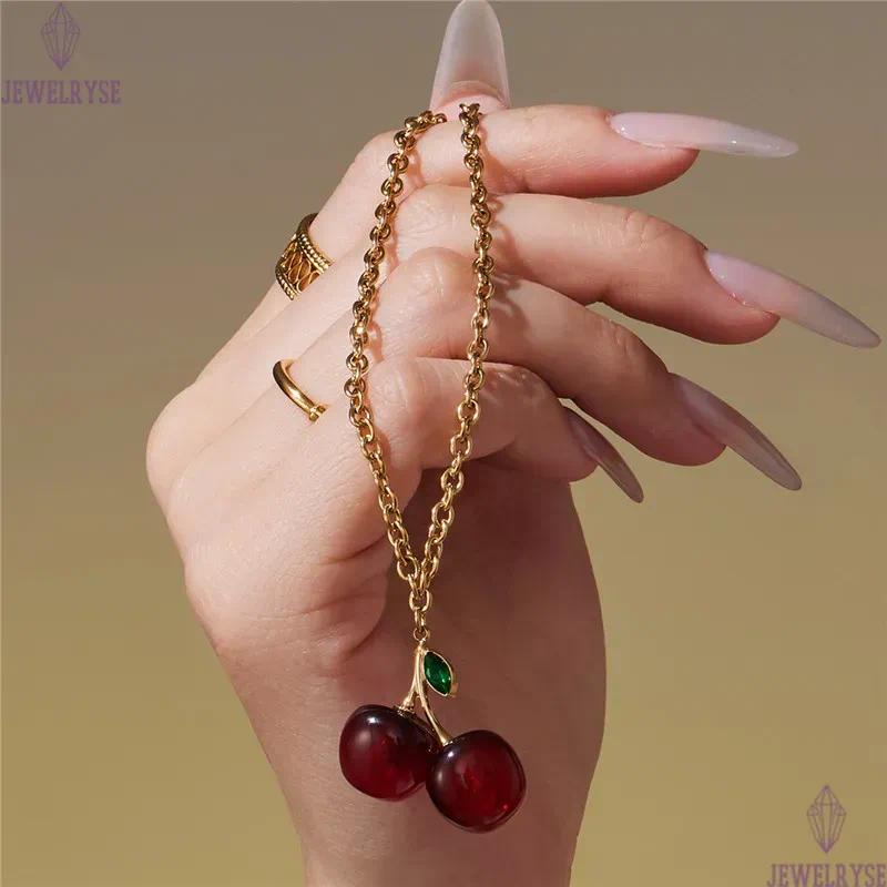 cute cherry necklace designer for woman 18k gold chain stainless steel fruit pendant necklaces school daily outfit women fashion jewelry friend family
