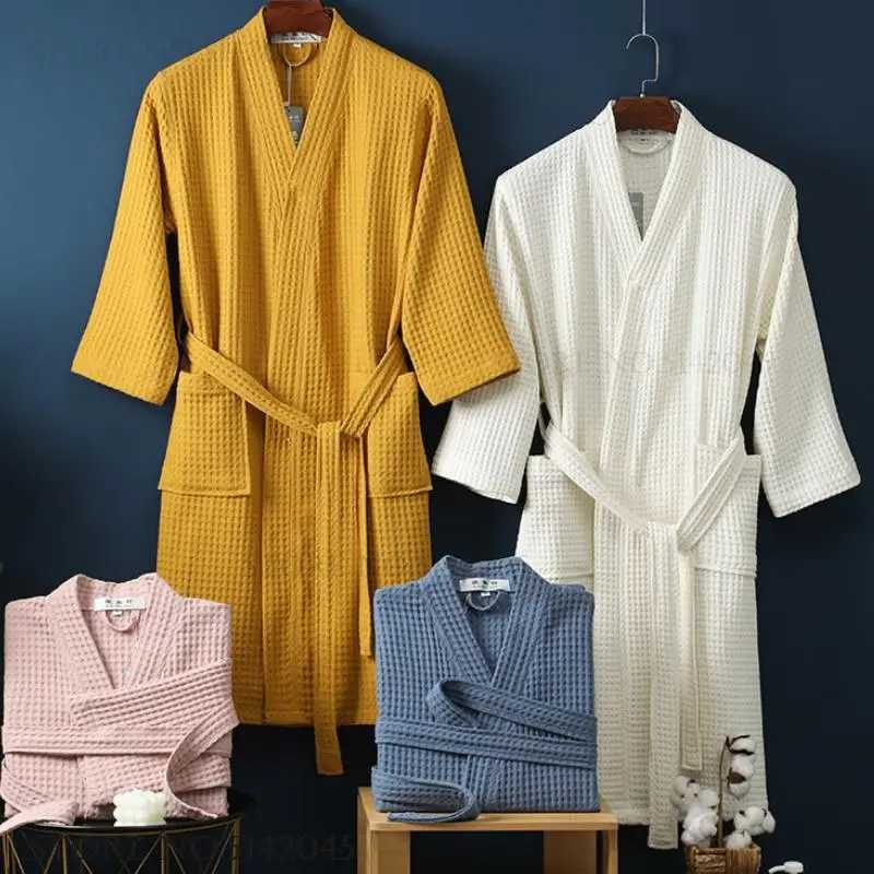 Adult Cotton Waffle Kimono Bathrobe Gown Yukata Couple Robe Negligee with Pocket Loose Casual Home Dress Loungewear Sleepwear C251202