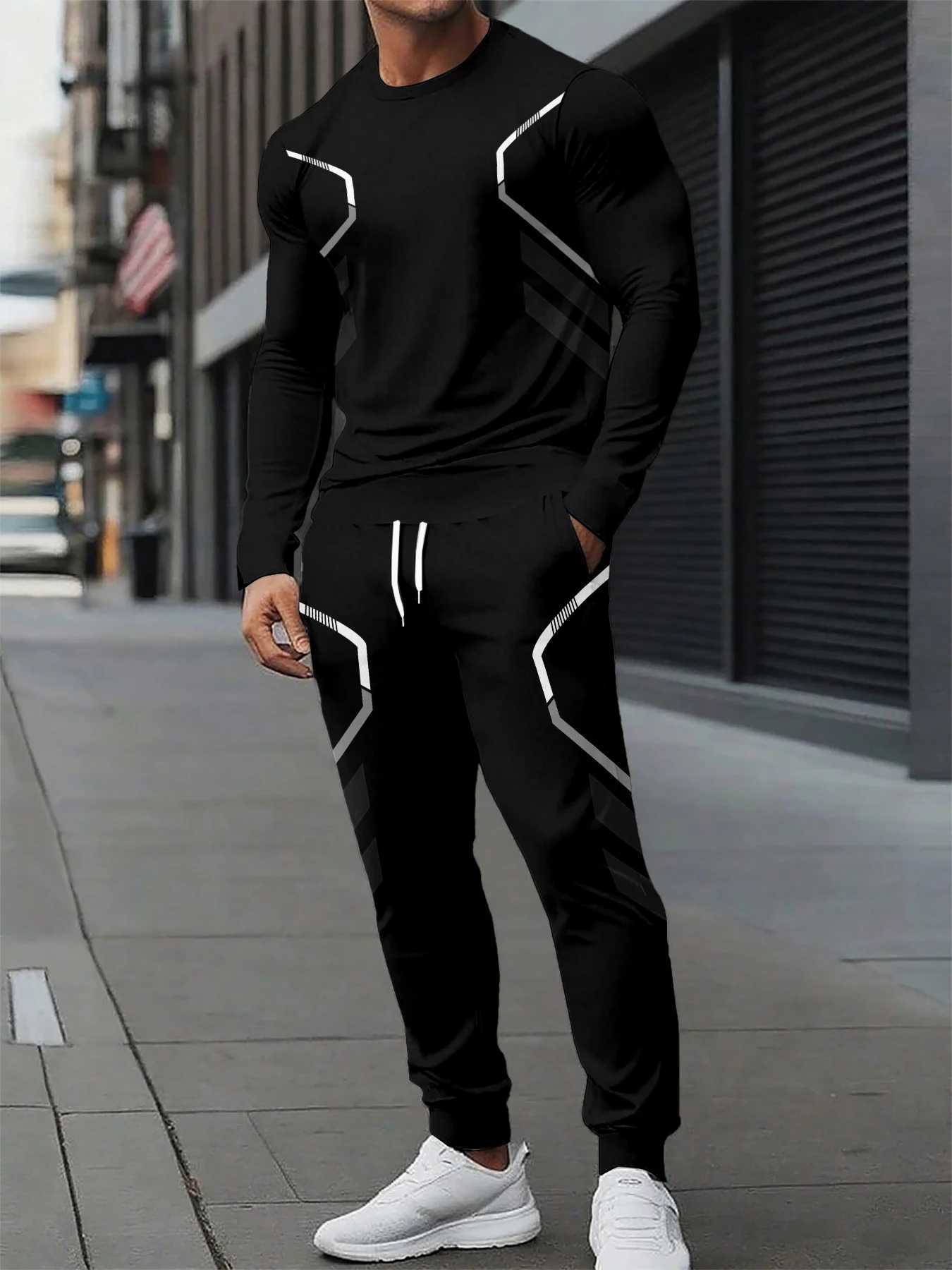 The new mens round-neck sweatshirt set for Spring and Autumn 2025 features street fashion and comfort with 3D pattern printing W251202