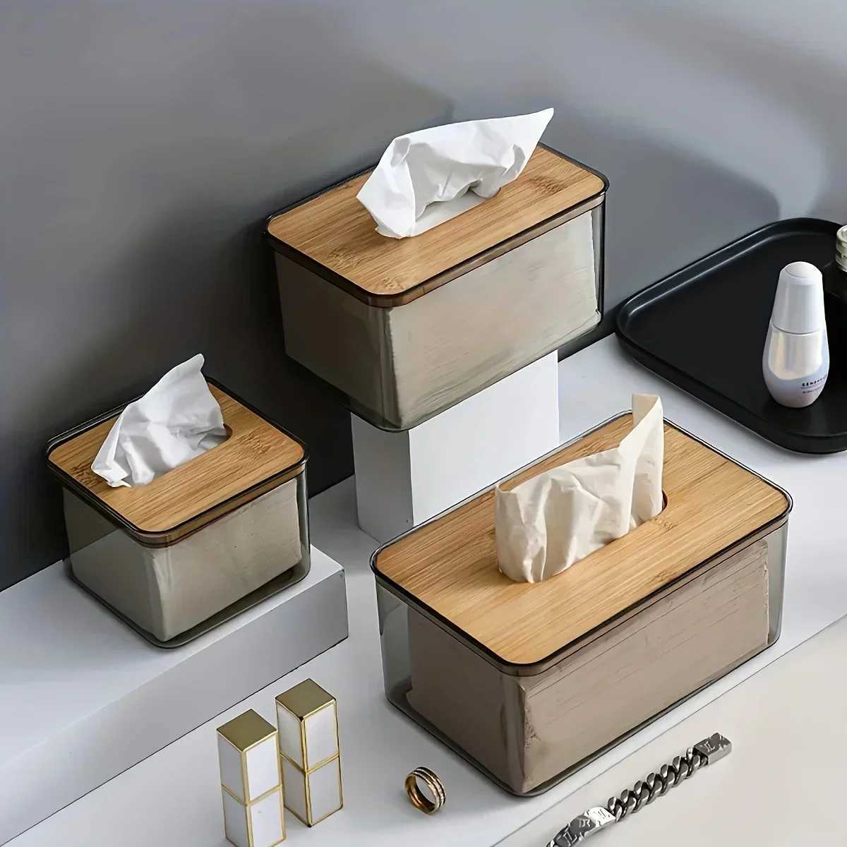 1pc-Mtifunctional Tissue Holder Paper Box with Bamboo Cover Transparent Container Living Ro Bedro Tissue Storage Box H251201