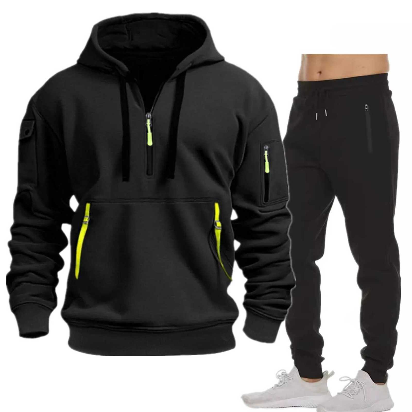 New Multi-pocket Men Autumn Winter Set Half zip Hoodie Pants Pieces Suit Casual Mens Sportswear Warm Clothing Suit W251202