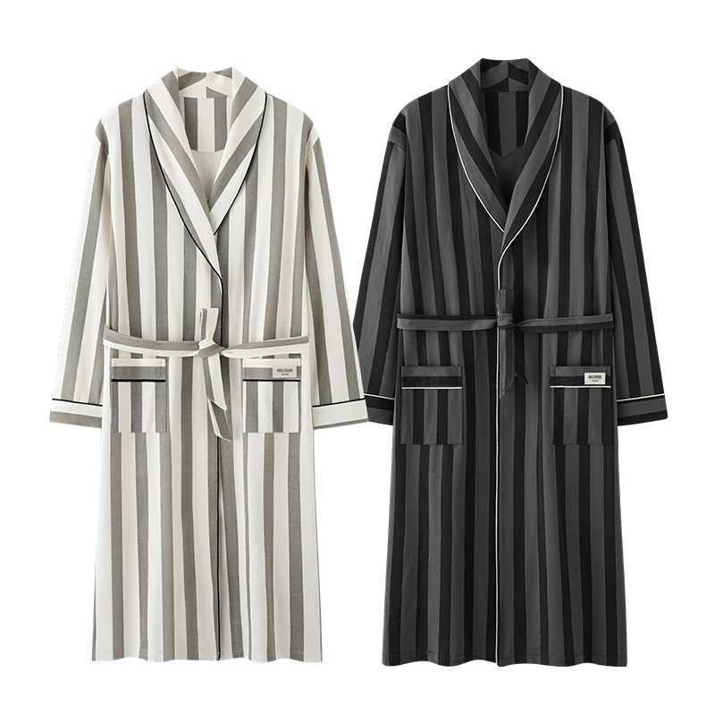 Spring Autumn Striped Bathrobe Lover Cotton Sleep Top Kimono Robes For Male Female Robes Long Bath Robe Bride Robe Dressing Gown C251202