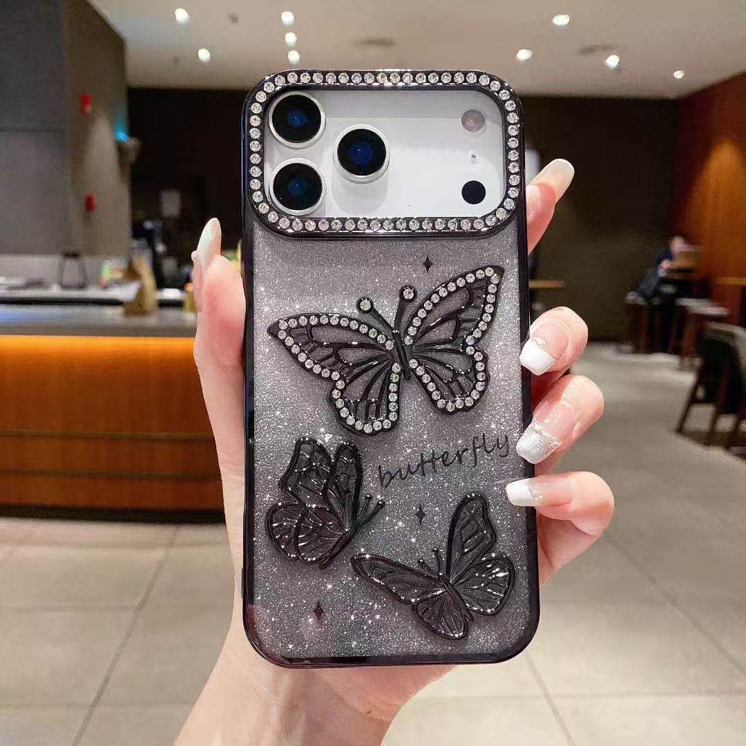 3D Butterfly Rhinestone Phone Case iPhone 17 Pro Max Compatible with Apple 16 Electroplated Gradient Glitter Paper Case