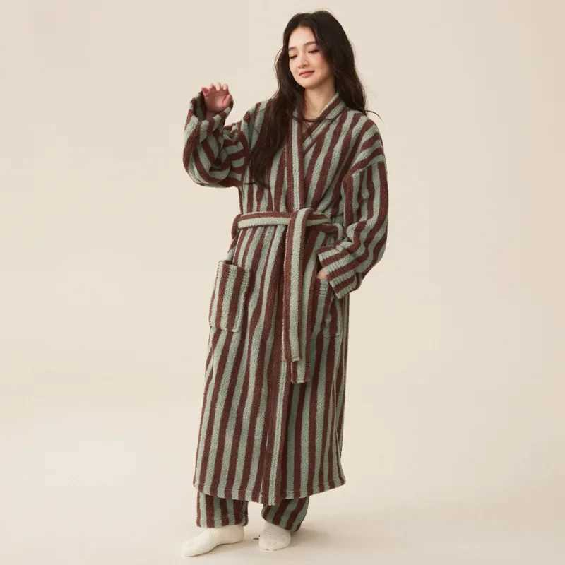 Thickened Flannel Robe Pants Pajamas Set Autumn Winter New Couple Coral Velvet Women Men Bathrobe Striped Lengthed Home Clothes C251202