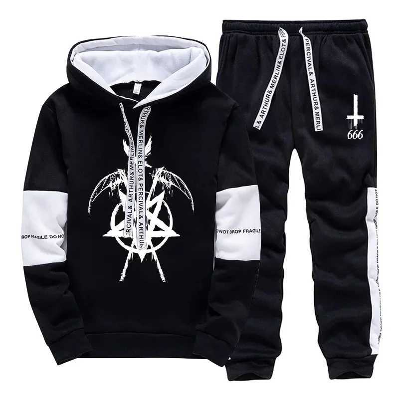 Mens Sweatshirts Sweatpants High Grade Satan 666 Symbol Print Hoodie 2 Piece Set Autumn Winter Daily Casual Sporty Jogging Suit W251202