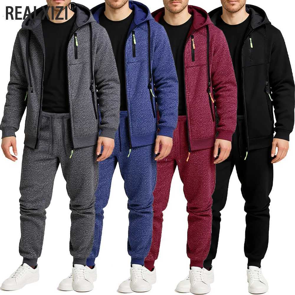 New Autumn Two-piece Mens Sportswear Solid Color Daily Hooded Sweatshirt Sweatpants Jogging Suit Zipper Jacket and Pants Set W251202