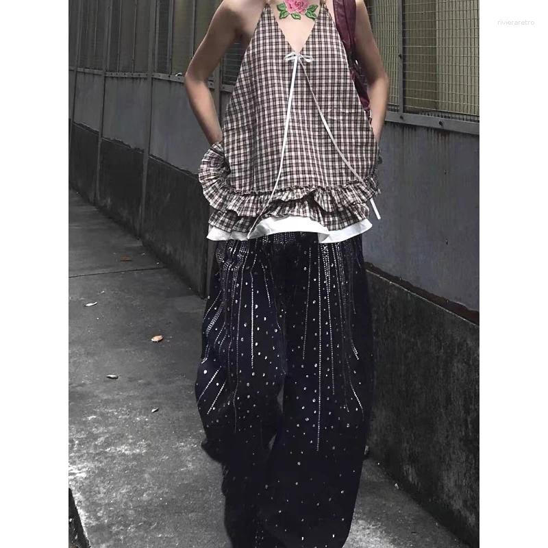 Women's Jeans YIBASHU Women Vintage Black Goth Y2k Rhinestone 2025 Autumn Harajuku Baggy Denim Trousers Japanese 2000s Grunge Jean Pants Z260313