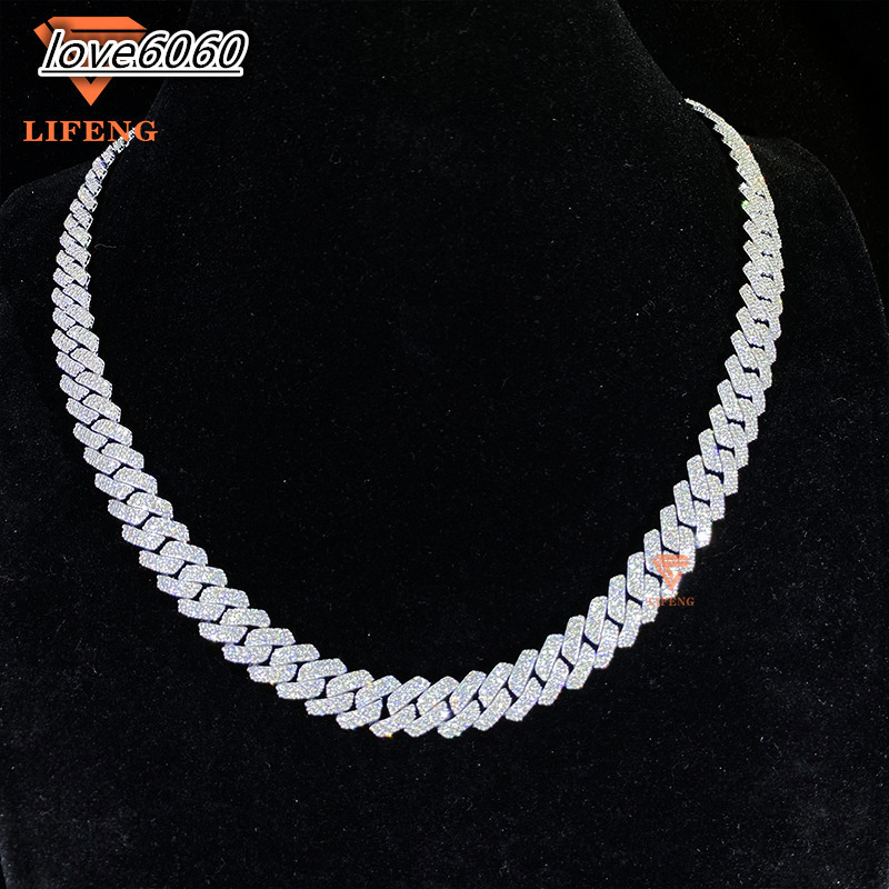 Lifeng Jewelry 10mm 2rows Moissanite Chain VVS Moissanite Diamond Cuban Link Chain Ice Out Hiphop 925 Silver Cuban Link Necklace