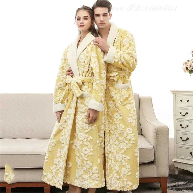 Winter Warm Coral Fleece Long Robe Couple Sleepwear Thick Flannel Jacquard Bathrobe Nightwear Loose Casual Homewear Lounge Wear C251202