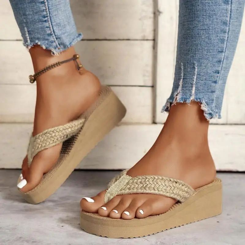Bohemia Twine Weave Strap Flip Flops Women Summer Classic Chunky Platform Wedge Heels Slippers Women Sexy Beach Sandals 251201
