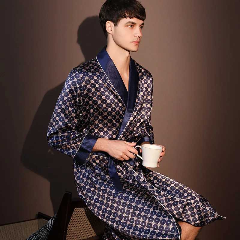 High Quality Nightrobes Men Summer Thin Bathrobe Large Size Ice Silk Printed Pajamas One-piece Robe Male Loungewear Gents Spring C251202