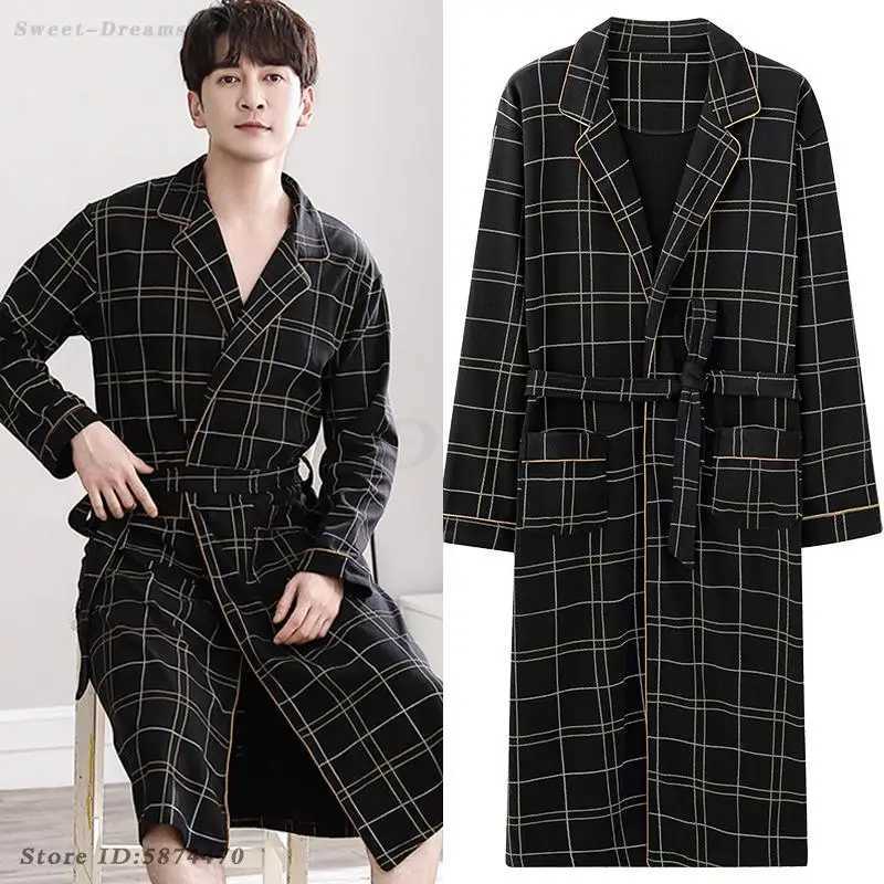 Casual Plaid Bathrobe Man Spring Autumn Cotton Robe Sleepwear Long Sleeve Kimono Male V-Neck Intimate Lingerie Spa Robes L-4XL C251202