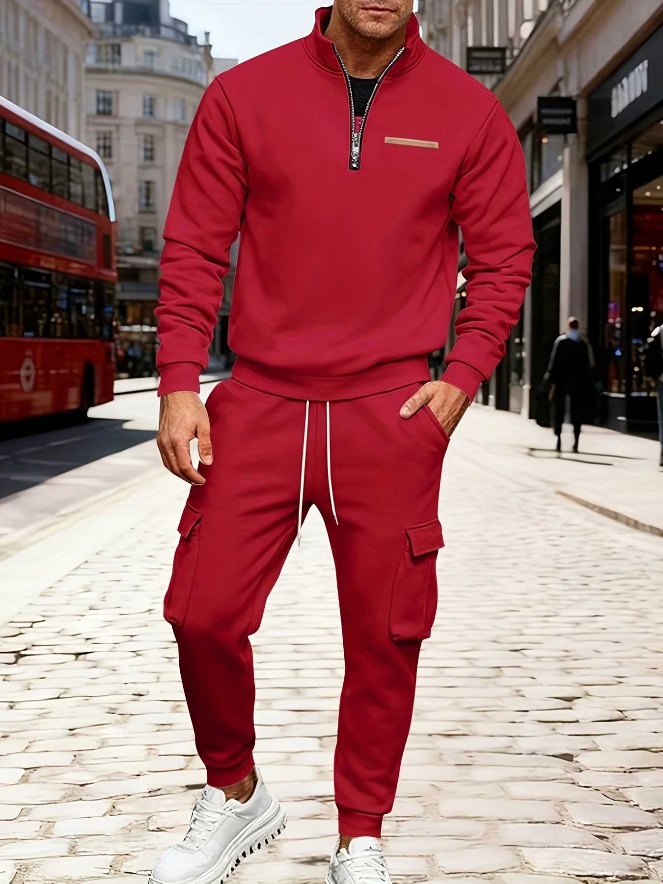 2-piece Autumn and Winter Mousse Fleece Warm Mens Suit Semi-zipper Sweatshirt Multi-pocket Jogging Pants Set W251202