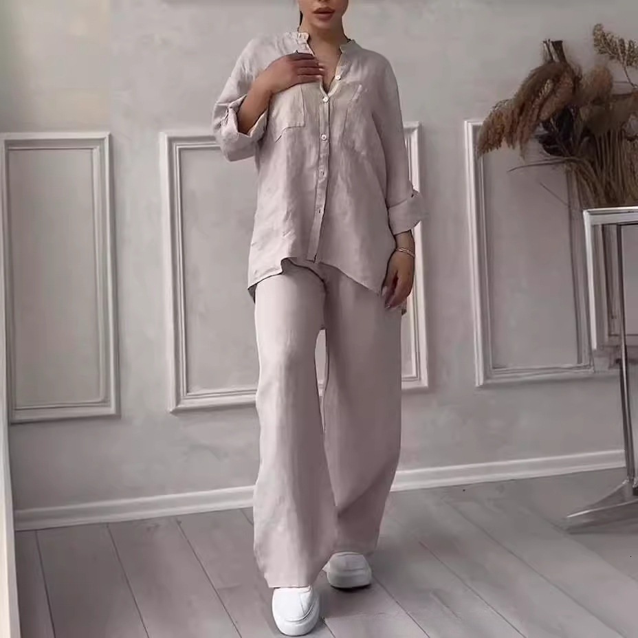 Elegant Women Linen 2 Piece Set Long Sleeve Shirt Wide Leg Pants Plain Color Loungewear Fall Winter Two Piece Matching Outfits 241111