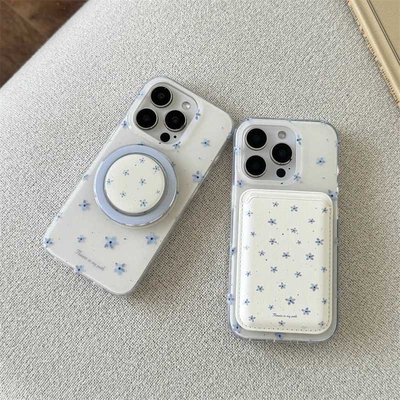 Korean Ins Flower Magnetic Stand Phone Case For iPhone 16 Pro 15 14 13 Pro Max Cover with Card Holder Cute Cases Funda J251202