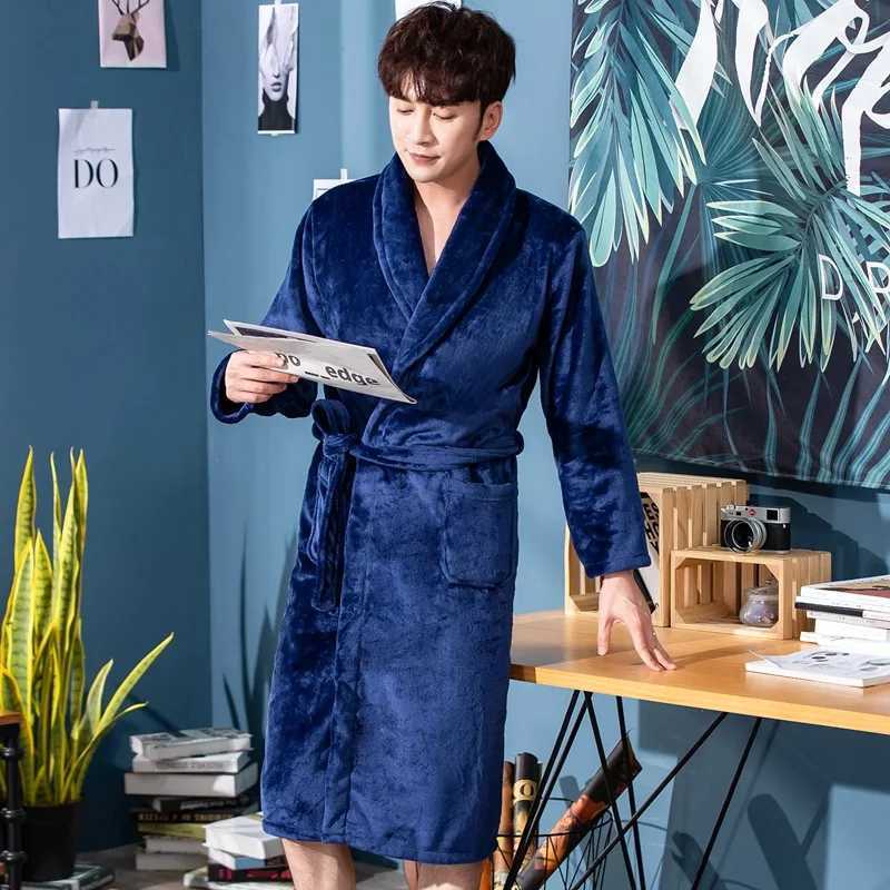 Autumn Winter Thick Warm Flannel Robe Male Long Coral Fleece Bathrobe Man Warm Sleepwear Spa Hotel Homewear Peignoir Homme C251202