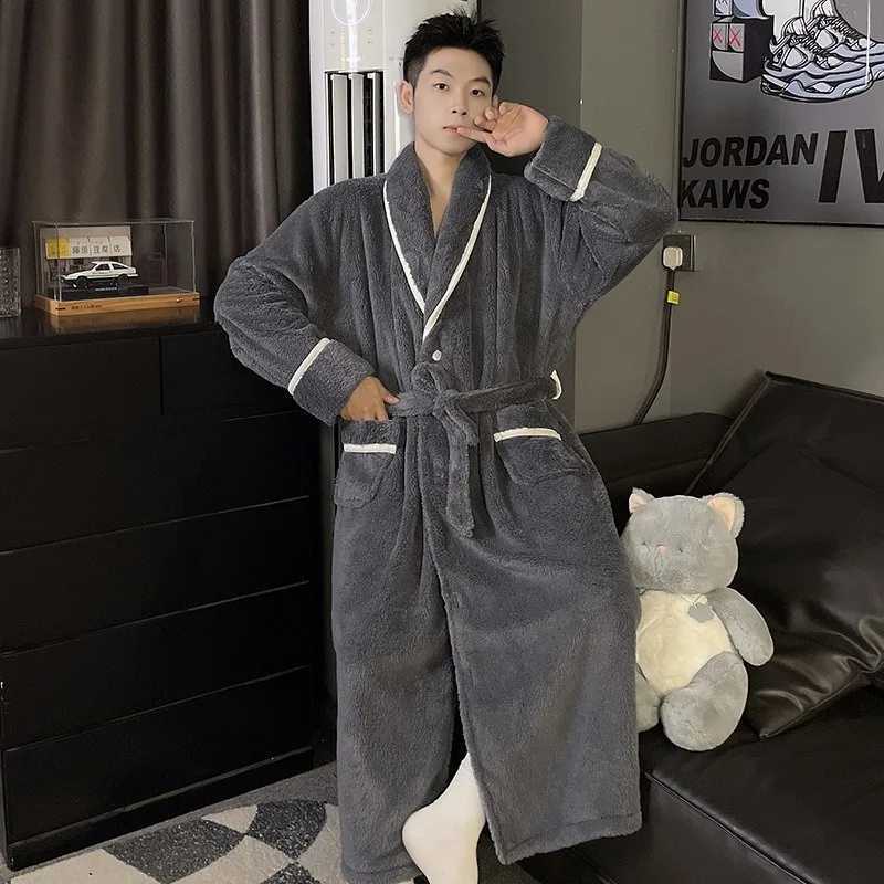 Large Size Winter Thick Flannel Robe Men Long Kimono Bathrobe Gown Coral Fleece Sleepwear Home Clothes Nightwear Lounge Wear C251202