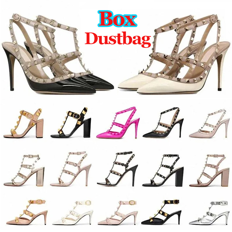 designer heels women luxury rivet high heel pointed pumps sandals patent leather fashion ankle strap roman shoes black nude pink