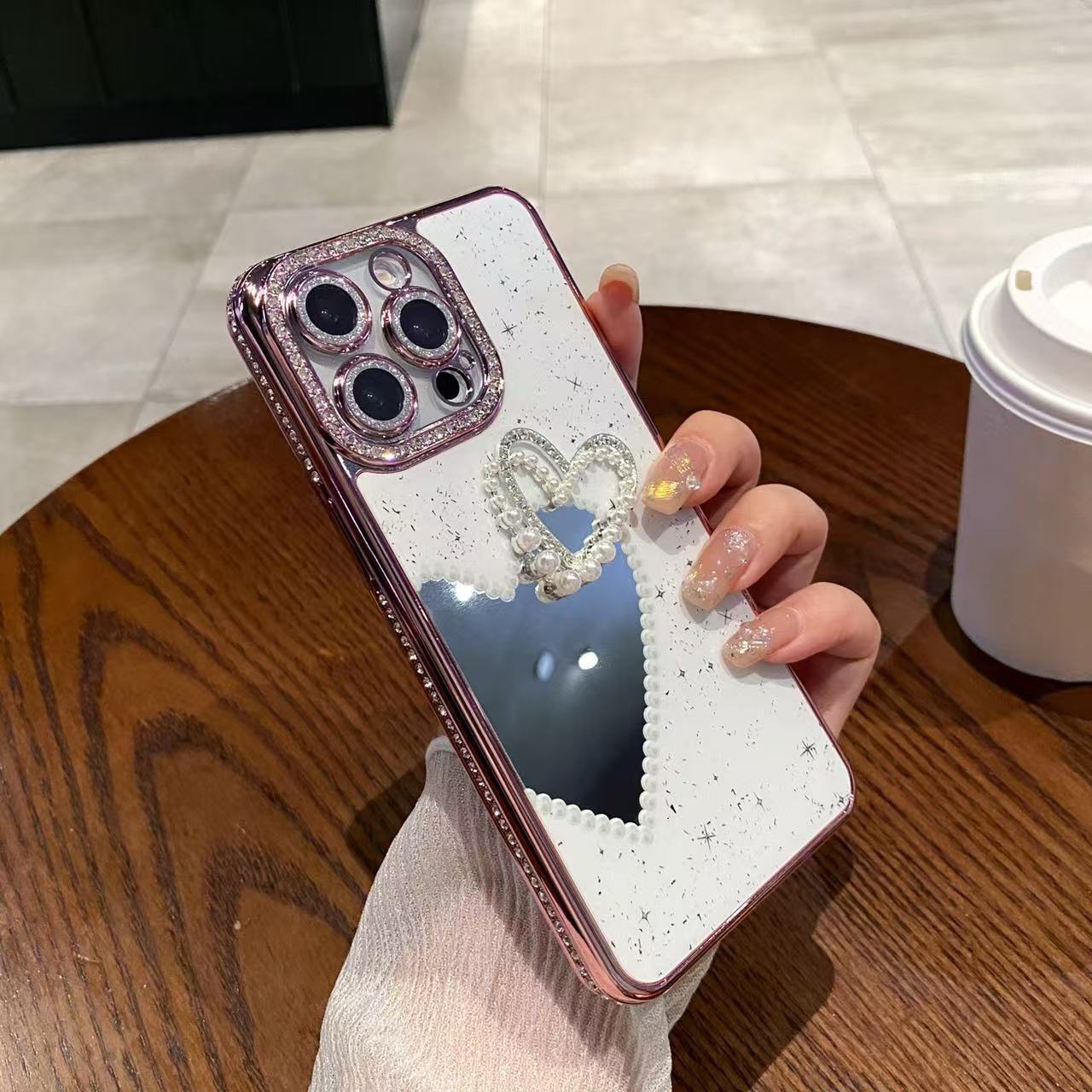 Pearl Heart Makeup Mirror Phone Case iPhone 16 Pro Max Compatible With Apple 15/14/13 Pro Electroplated Sparkling Diamond Case