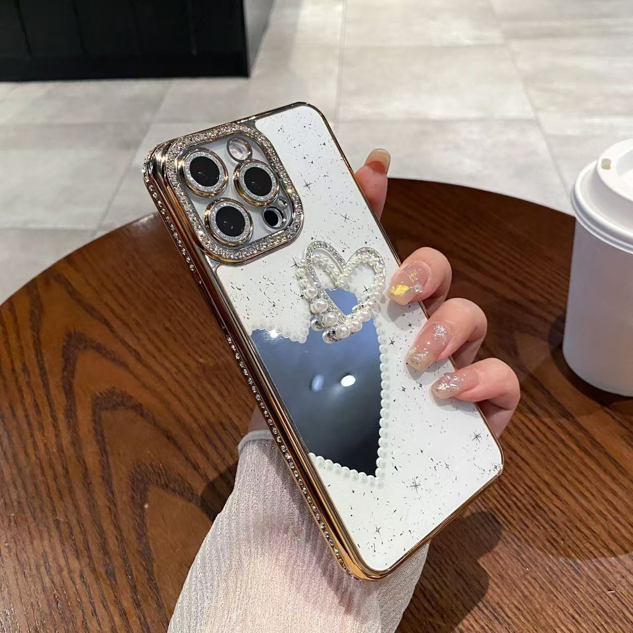 Pearl Heart Makeup Mirror Phone Case iPhone 16 Pro Max Compatible With Apple 15/14/13 Pro Electroplated Sparkling Diamond Case