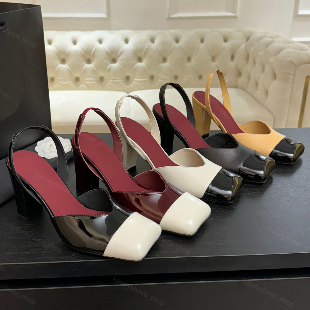 10ATop luxury brand designer Slingbacks sandals for women classic Button top quality Patent Leather Patchwork Chunky Heel pumps 9CM high heeled shoe 35-41
