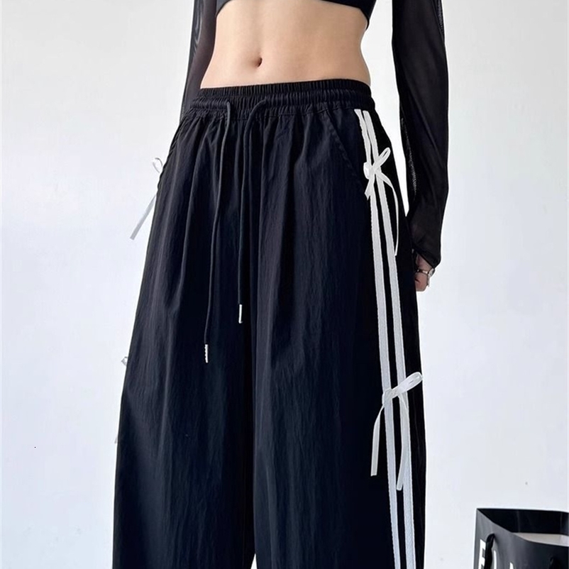 Retro Side Stripe Bowknot Wide Leg Pants Women High Waist Casual Sports Trousers Harajuku Cargo Hip Hop Joggers Z260314