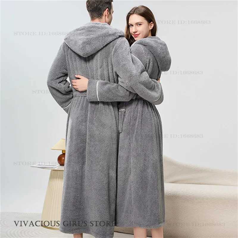 Thicken Flannel Couople Long Robe Winter New Coral Fleece Hooded Kimono Bathrobe Gown Sleepwear Casual Men Women Homewear Pajama C251202