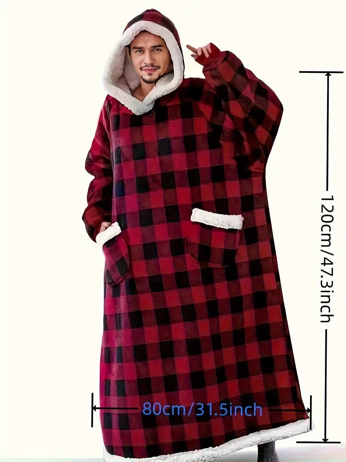 Cozy Mens Flannel Robe - Black Red Plaid Hooded Bathrobe Warm Pajama with Pockets Perfect Comfort Wear C251202