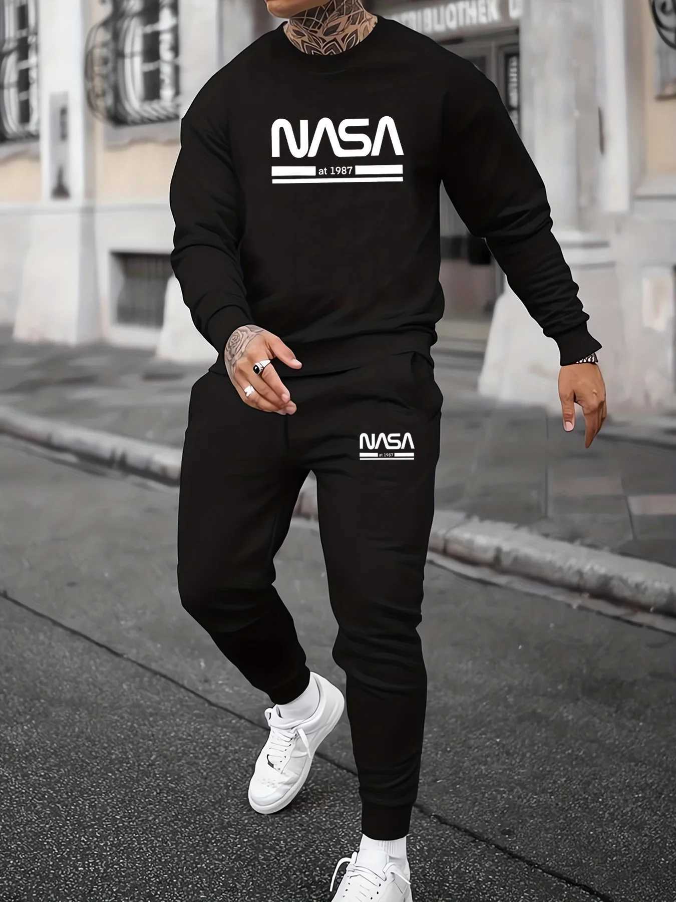 Mens autumn and winter casual warm NASA at 987 printed loose and thick velvet round neck sweatshirtsports pants set W251202
