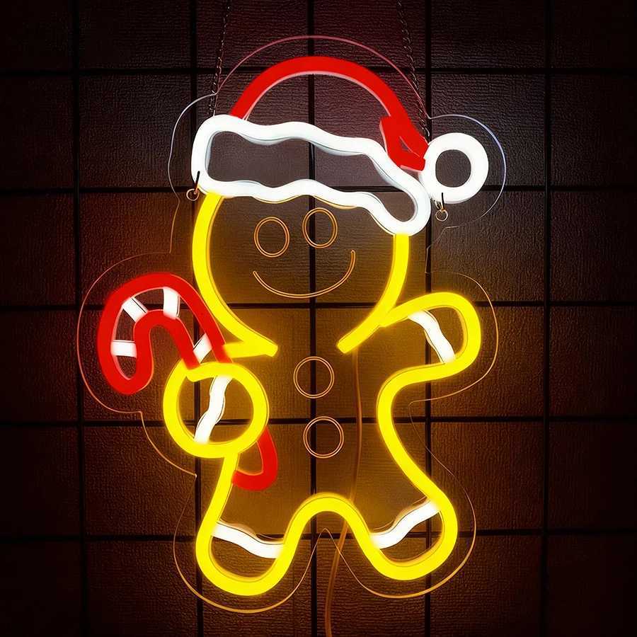 Christmas Led Neon Sign 3D Carved Gingerbread Man Icon Suitable For Bedroom Winter Party Home Decor Christmas Girl Gift H251201