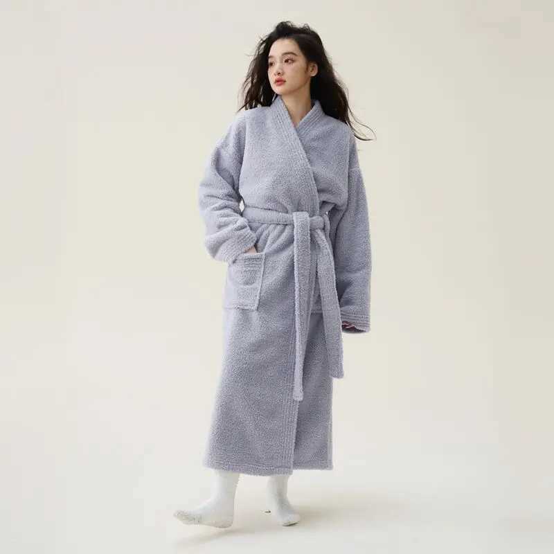 Couple Flannel Long Robe Autumn Winter New Home Clothes Sleepwear Bathrobe Kimono Thicken Warm Coral Fleece Loungewear C251202